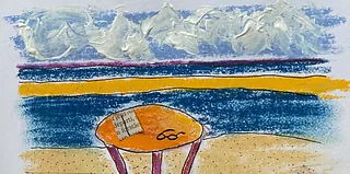 lille maleri af cafébord med bog og briller